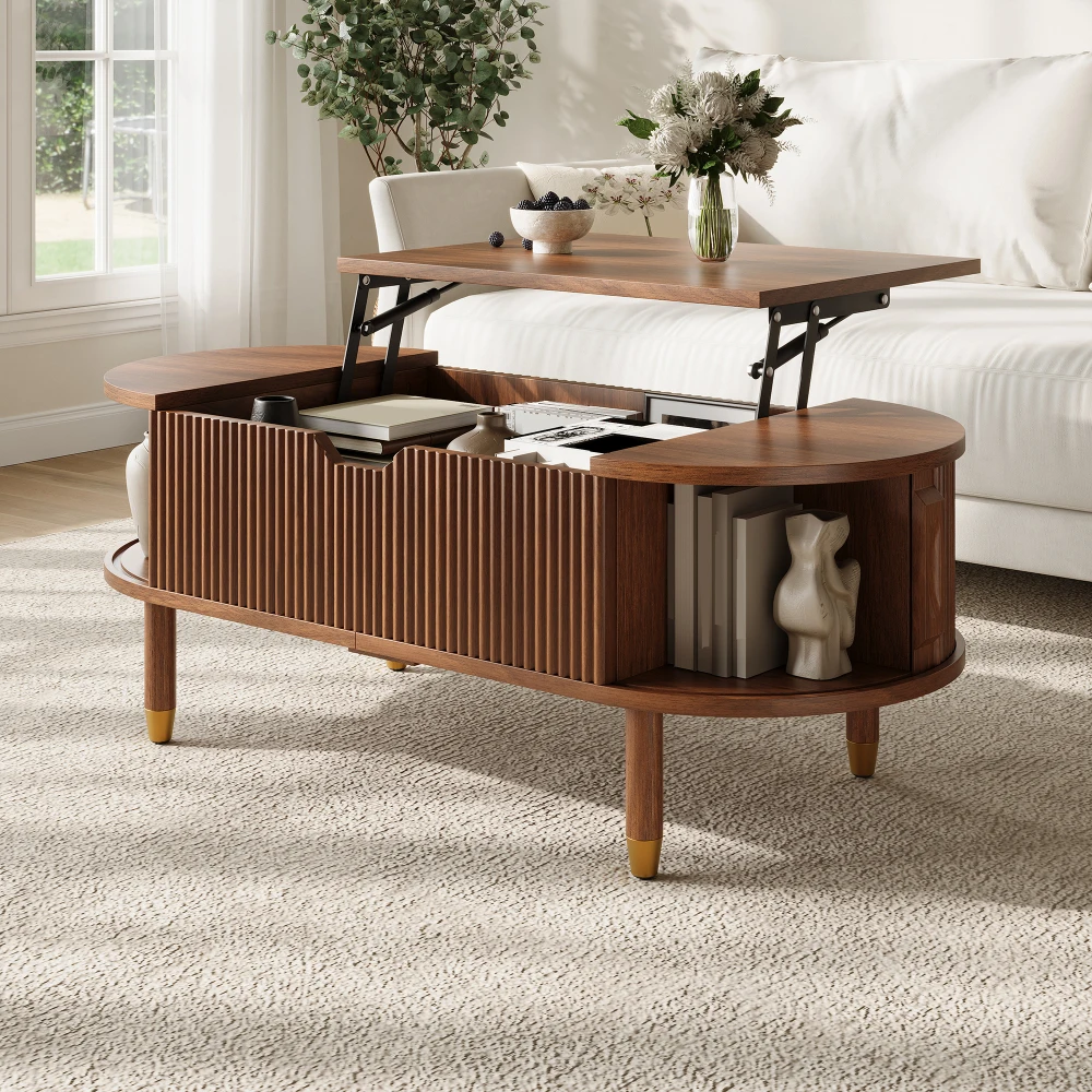 Tavolino da caffè per soggiorno, tavolo regolabile in altezza con vano contenitore, piano in MDF e robusti piedini in legno di gomma, design con ante scorrevoli a forma di fucile, arredamento pratico