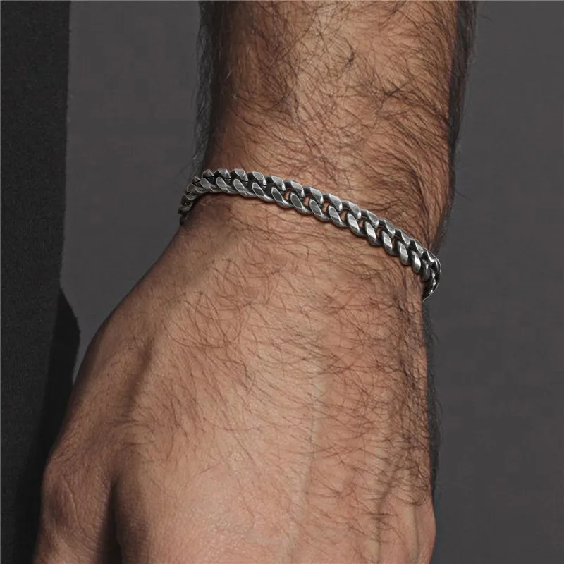 Retro Grey Cuban Chain Bracelets for Men Boys,Vintage Stainless Steel Miami Curb Chain Link Wristband,Stylish Punk Male Jewelry