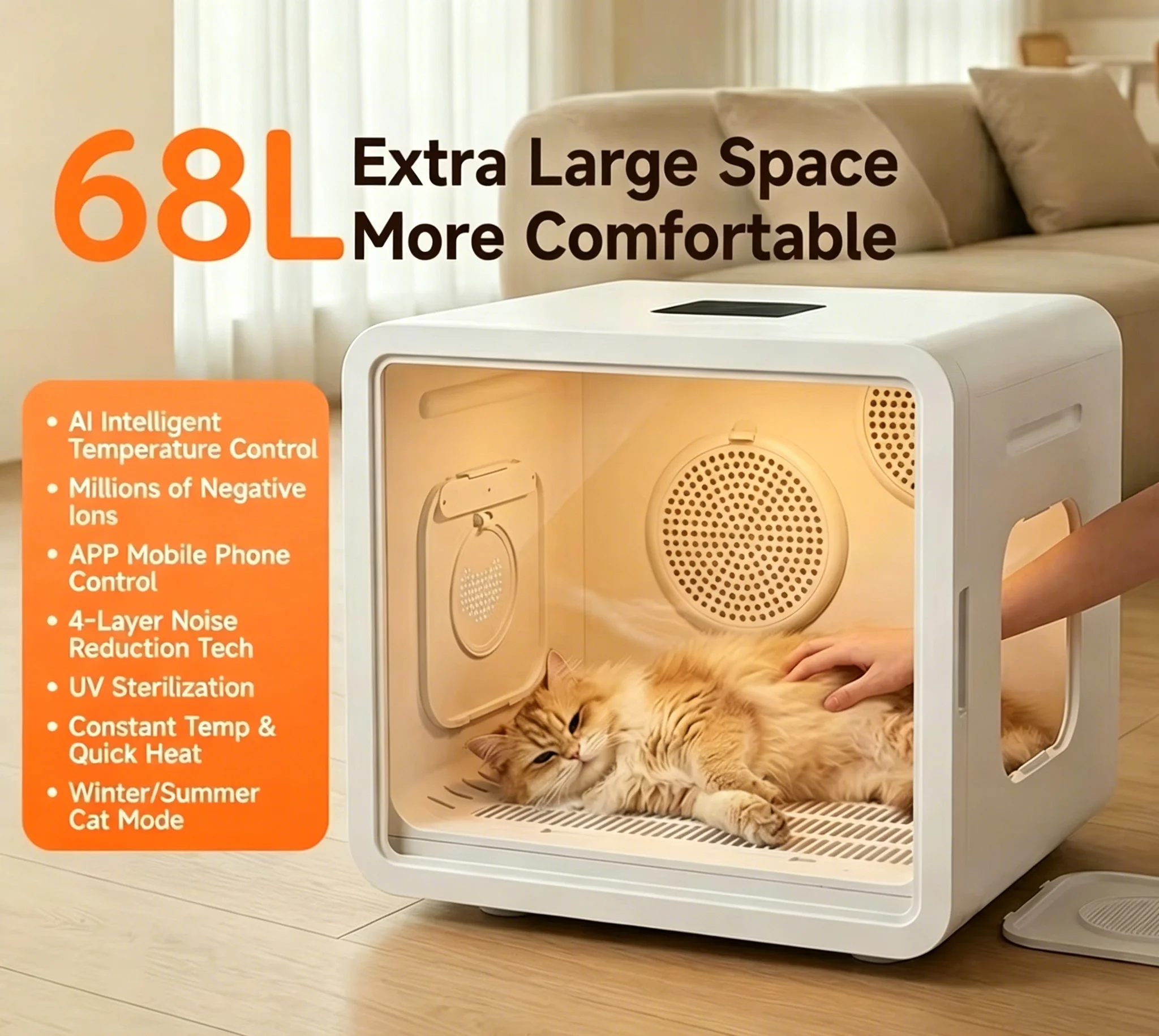 Factory Wholesale Pet Supplies Temperature Timing Control Low Noise Easy Clean 68L Smart Pet Drying Box for Global Pet Importers