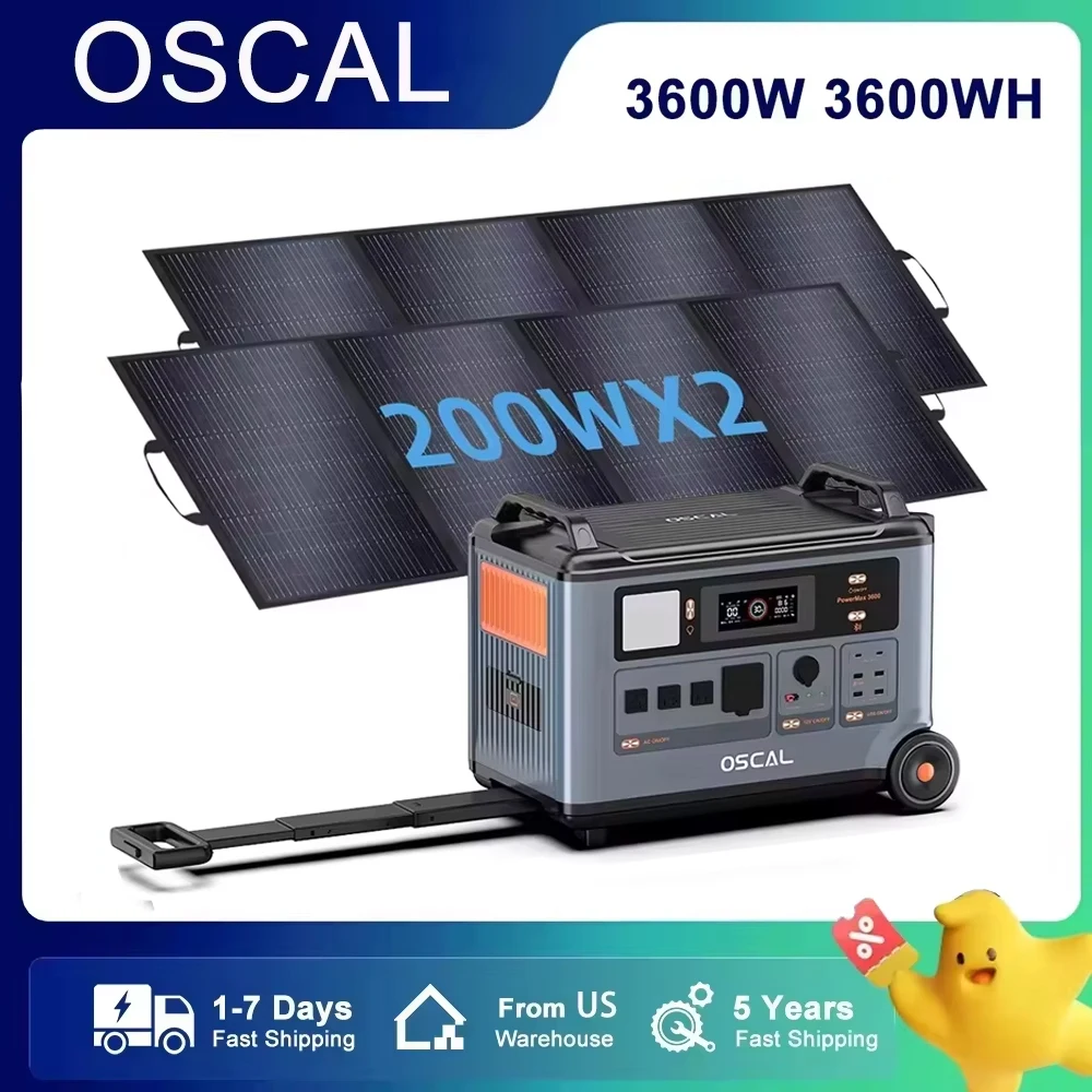 

Oscal PowerMax 3600 Portable Power Station 3600Wh Capacity 3600W Rated Power LiFePO4 Battery With 2 X 200W Folable Solar Panels
