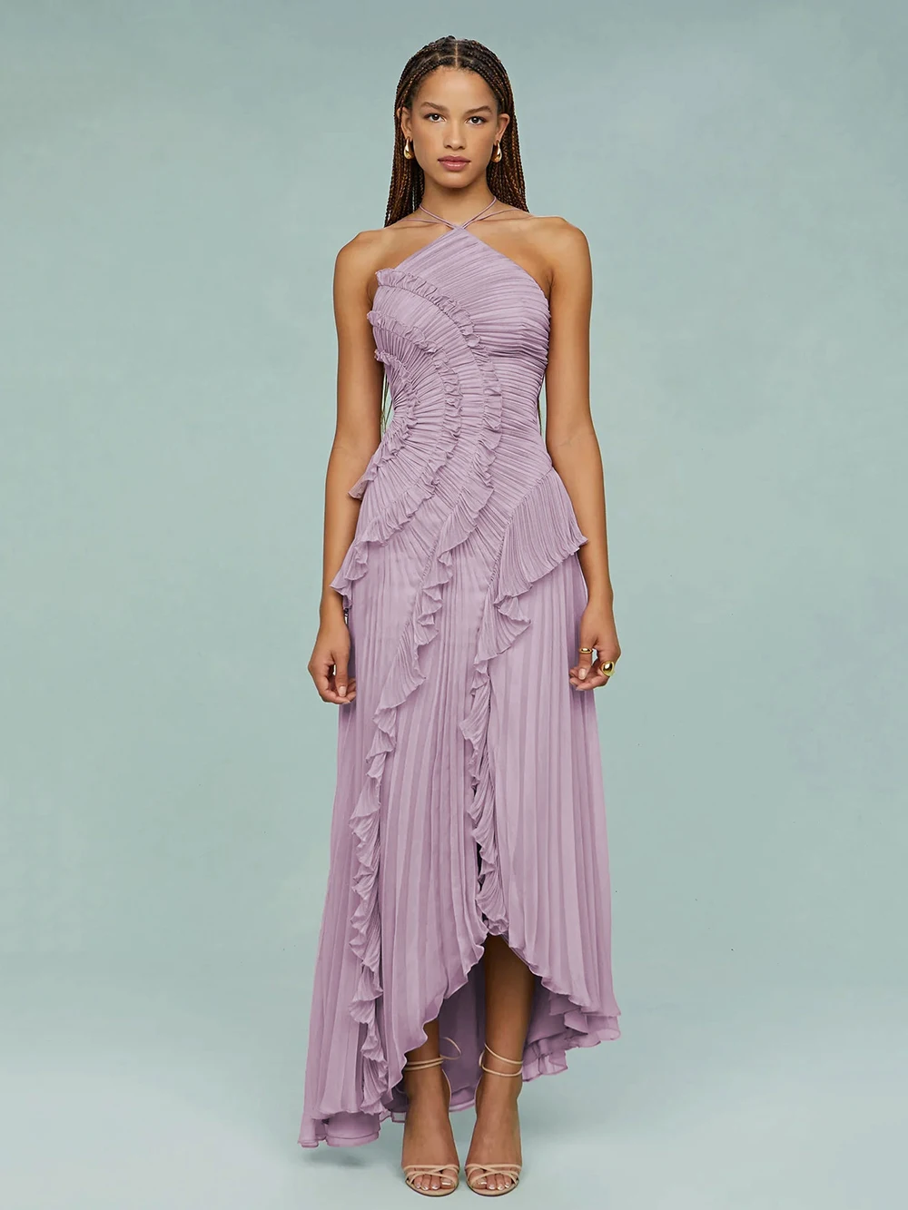 Modphy Women'S Irregular Pleated Slim Chiffon Long Dress Sexy Backless Ruffle Fashion Party Prom Elegant Evening Gown 2025 New