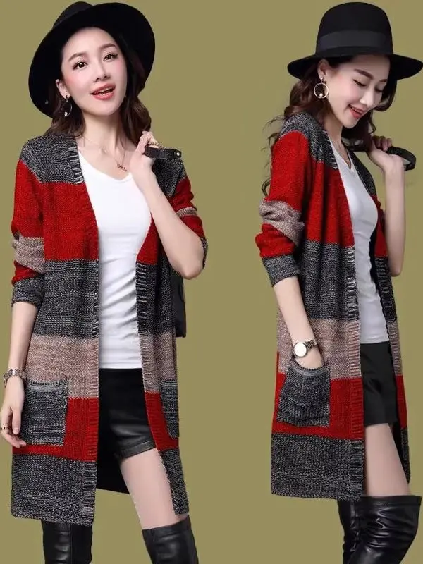 

Свободный женский вязаный свитер, пальто средней длины, открытый кардиган, ветровка, осень-зима, новинка, корейская версия, большие размеры, Vers...