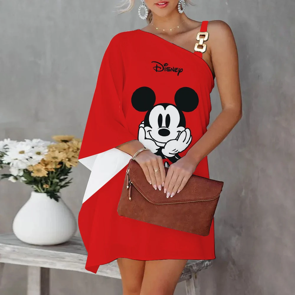 Mini vestido de fiesta de lujo para mujer, vestidos de noche, cuello Diagonal, un hombro, Mickey, vestidos elegantes, Disney, Minnie Mouse