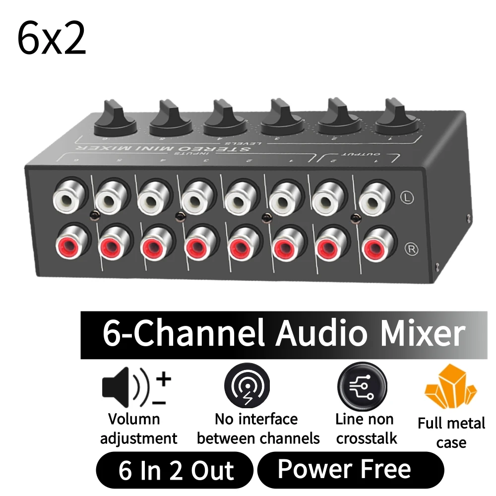 6-Channel Audio Mini Passive Mixer 6X2 Stereo L/R RCA 6 In 2 Out distribution Switcher Adjustable Volume for Live and Studio