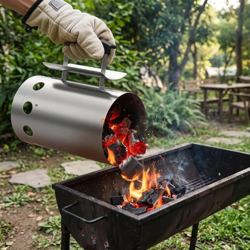 BBQ Charcoal For Starter Chimney Bucket Portable For Outdoor Galvanized Sheet 26.5x16.5x28cm Silver Black Easy Carry