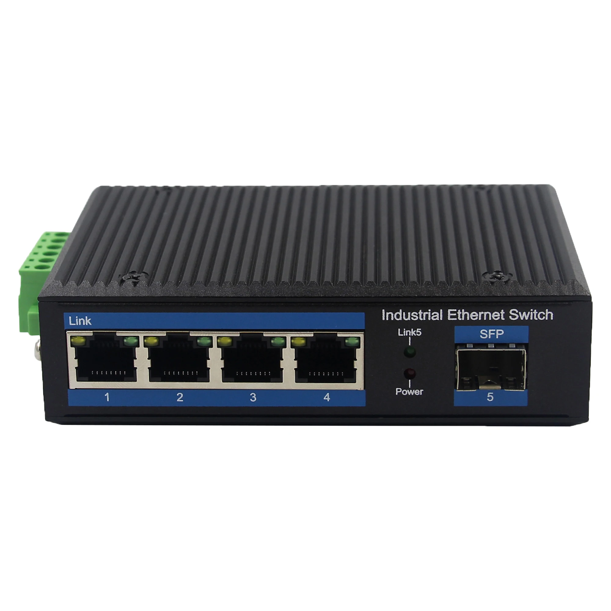 

Industrial 5-Port Gigabit Ethernet Switch 4 RJ45+1 SFP Fiber Slot, Wide Operating Temperature: -40~80℃, IP40, DIN Rail Mount