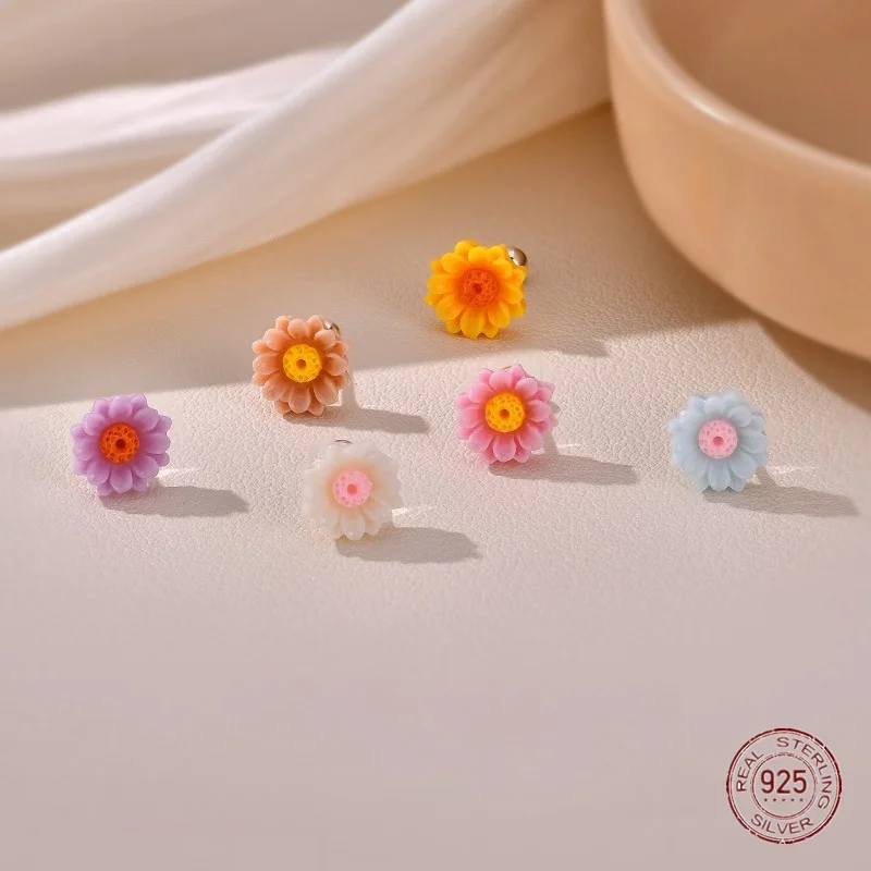 S925 Silver Multicolor Daisy Flower Stud Earrings Women Cute Daily Jewelry Gift Earings