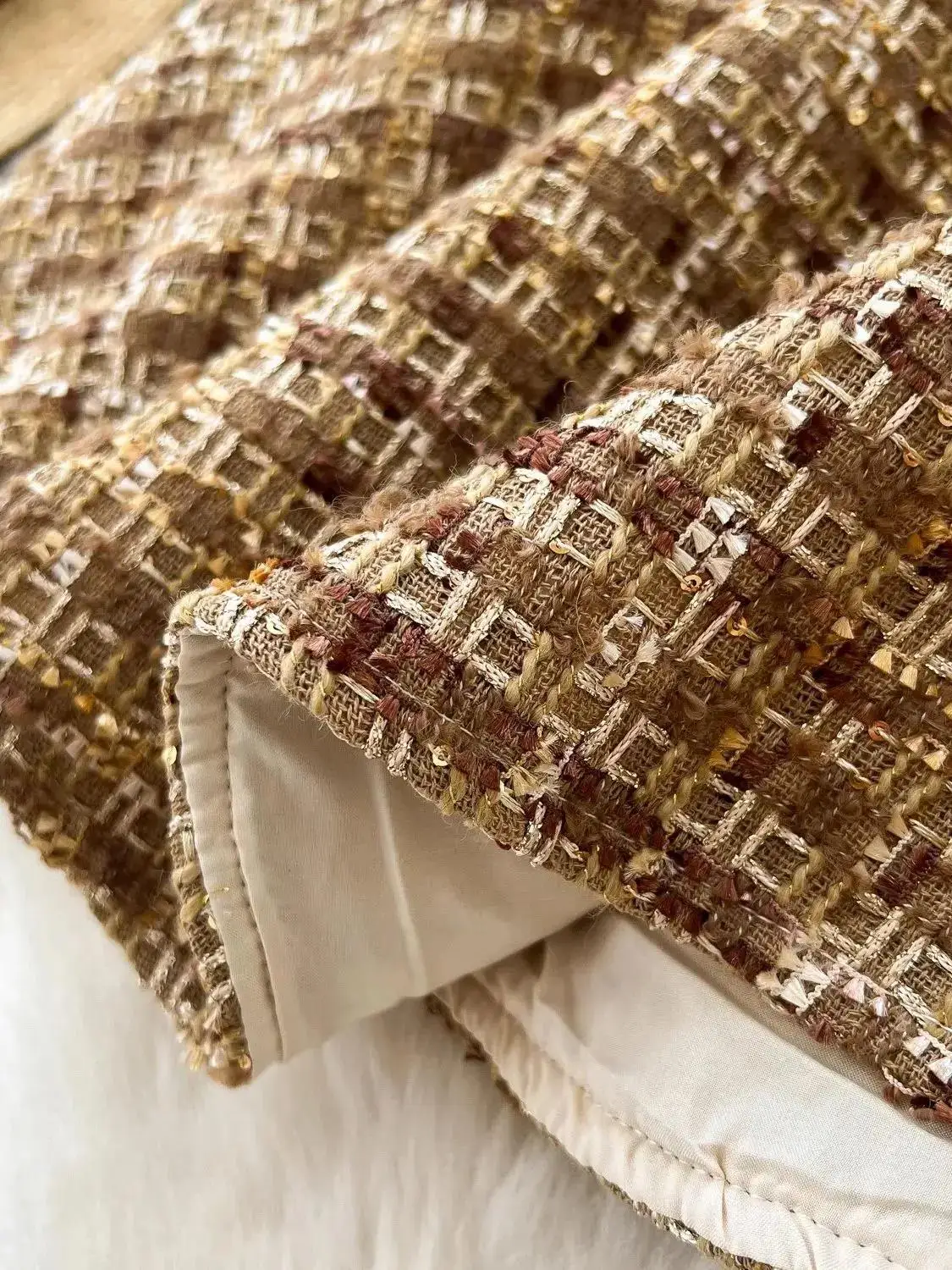 Spring Autumn Elegant Flower Embroidery Lace Stitching Tweed Golden Buttons Plaid Long Sleeve Nail Beading O Neck A-Line Dresses