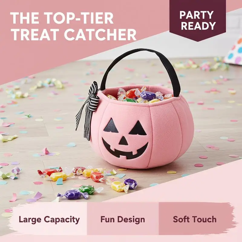 Kids Halloween Trick Or Treat Pumpkin Bucket Cute Bowknot Decor Large Capacity Candy Storage Pouch for Holiday Gifts