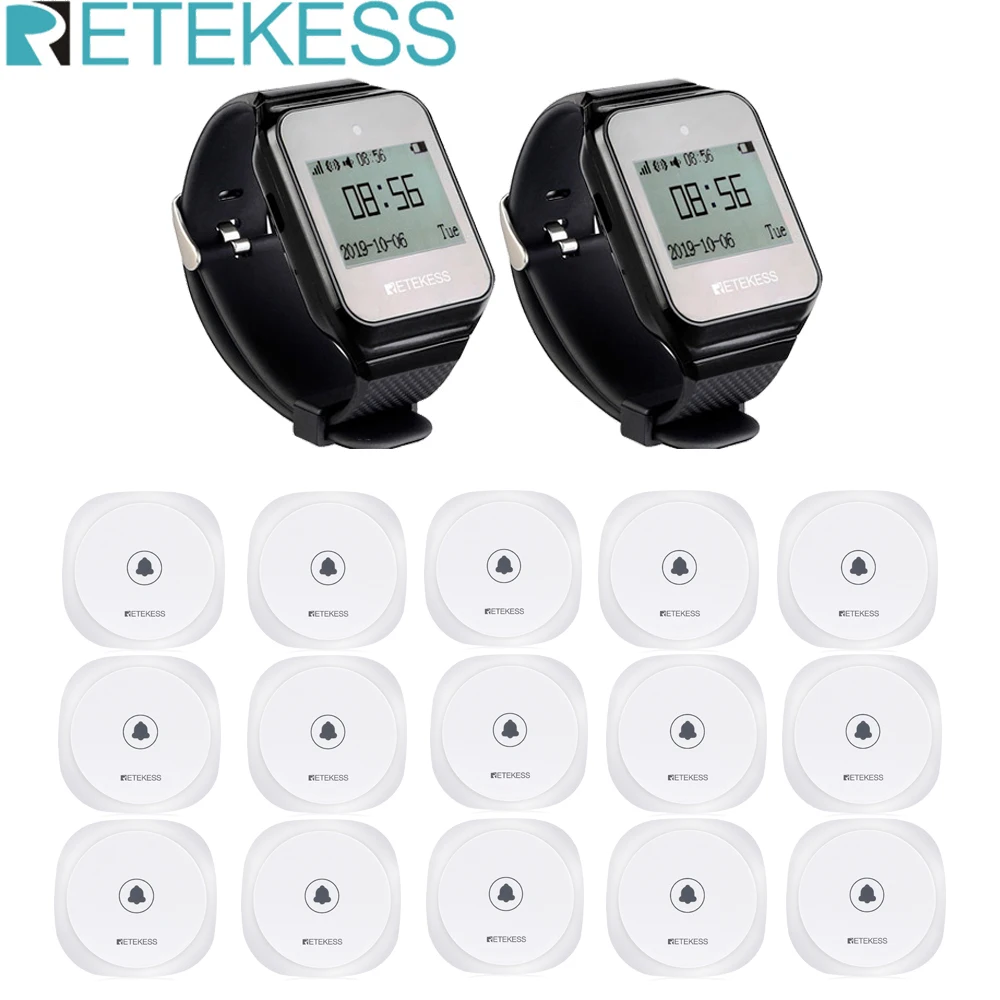 

Retekess Wireless Restaurant Pager 2Pcs TD108 Watch Receiver + 15Pcs TD017 Call Button Transmitter For Coffee Bar Hotel Clinic