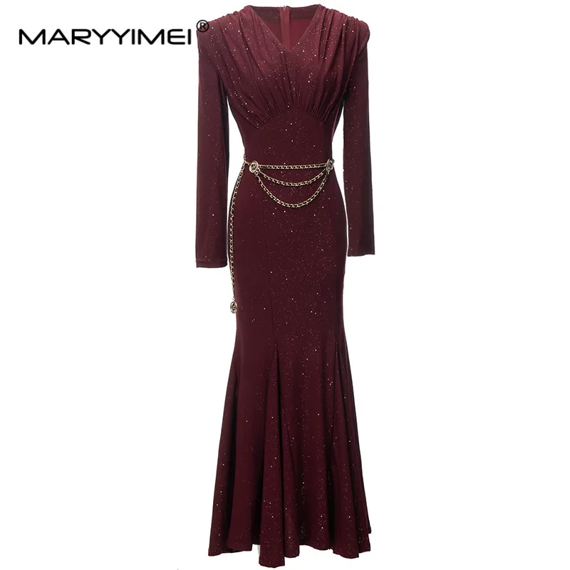 

MARYYIMEI New Fashion Runway Designer Women's Clothing V-neck Vintage Long Sleeves Star Knitted Belt Chain Red Fishtail Dress