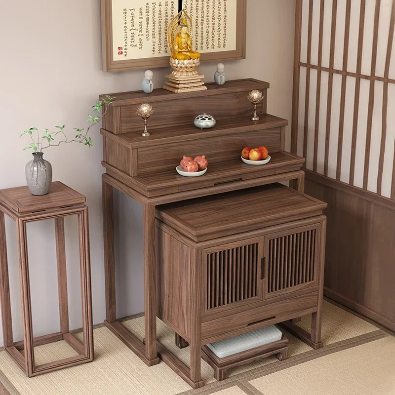 yh Black walnut table incense table household new Chinese Buddhist hall three-layer step offering cabinet