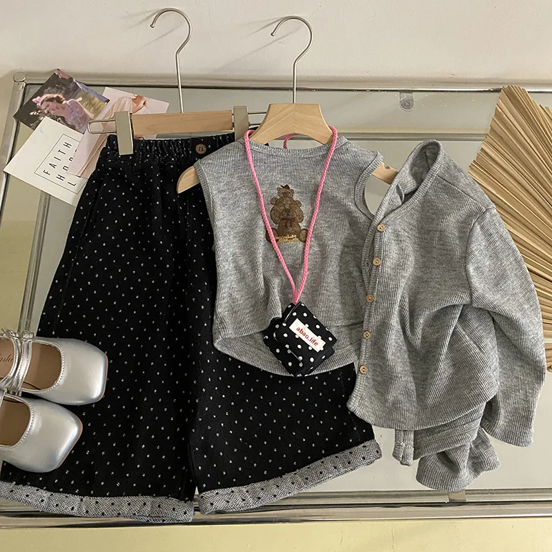 Korean Spring Autumn 2-10Y Girl 2PCS Clothes Set Sweet Bear Vest Carigan Suit Loose Dot Print Straight Pant Children Girl Outfit