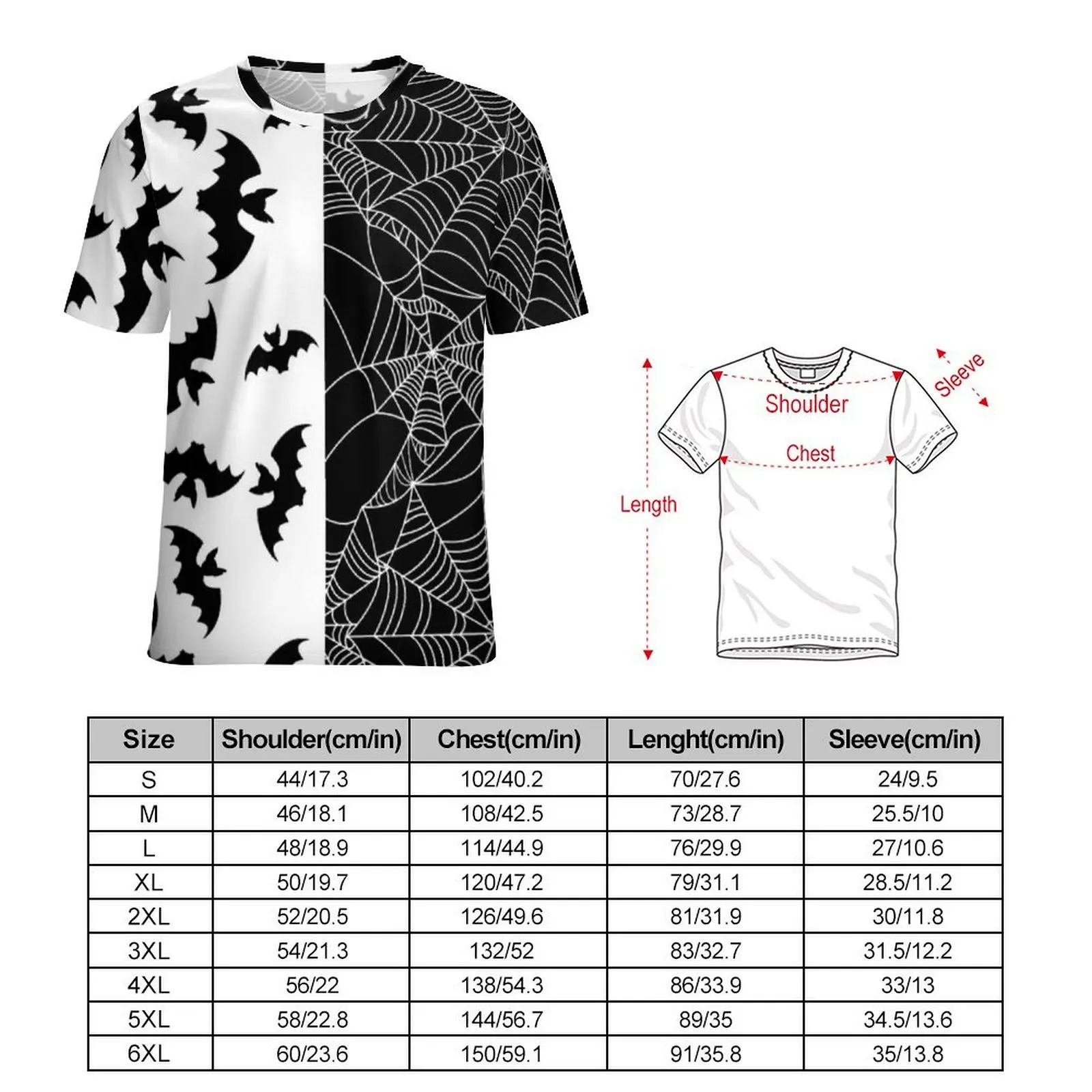 Men Black White Two Tone T-Shirt Bats And Webs Trendy T Shirts Short Sleeve Pattern Tops Wholesale Summer Funny Oversize Clothes