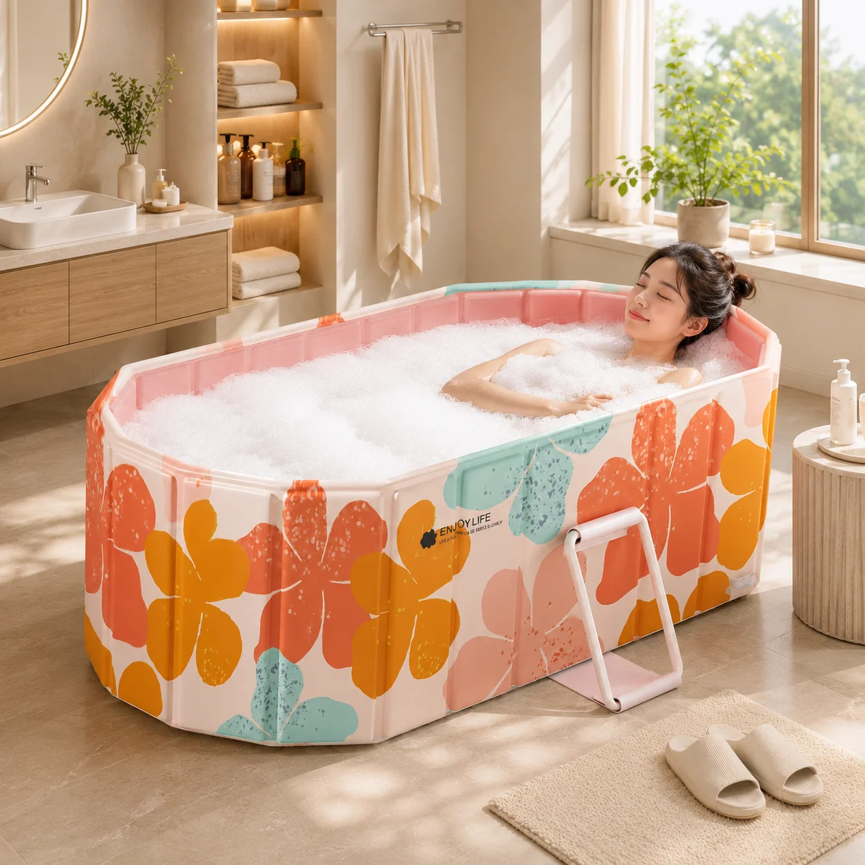 150cm Foldable Bathtub for Adults, Portable Large Soaking Tub with Support Frame for Indoor Home Spa and Ice Bath