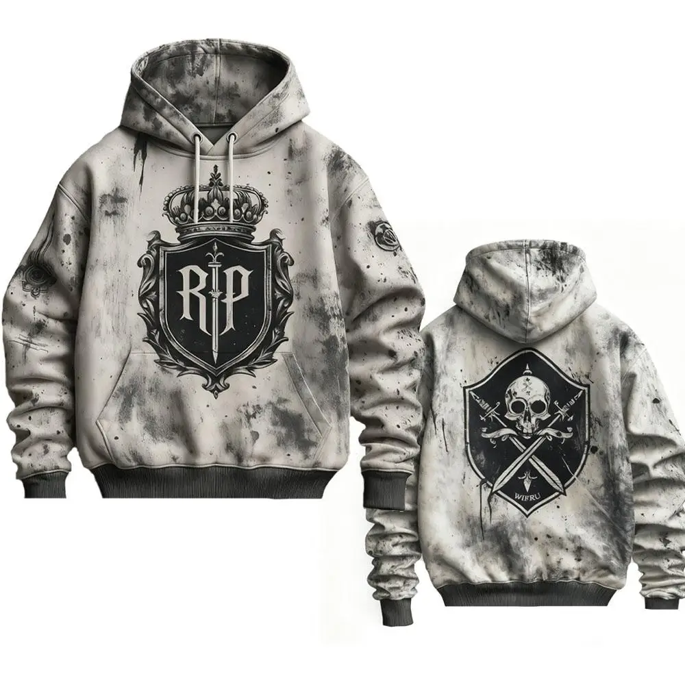 

Men's Crown Graffiti Print Retro Punk Hoodie WIFRU Autumn Street Style Pullover Loose-fitting Casual Urban Fashion Sweatshirt