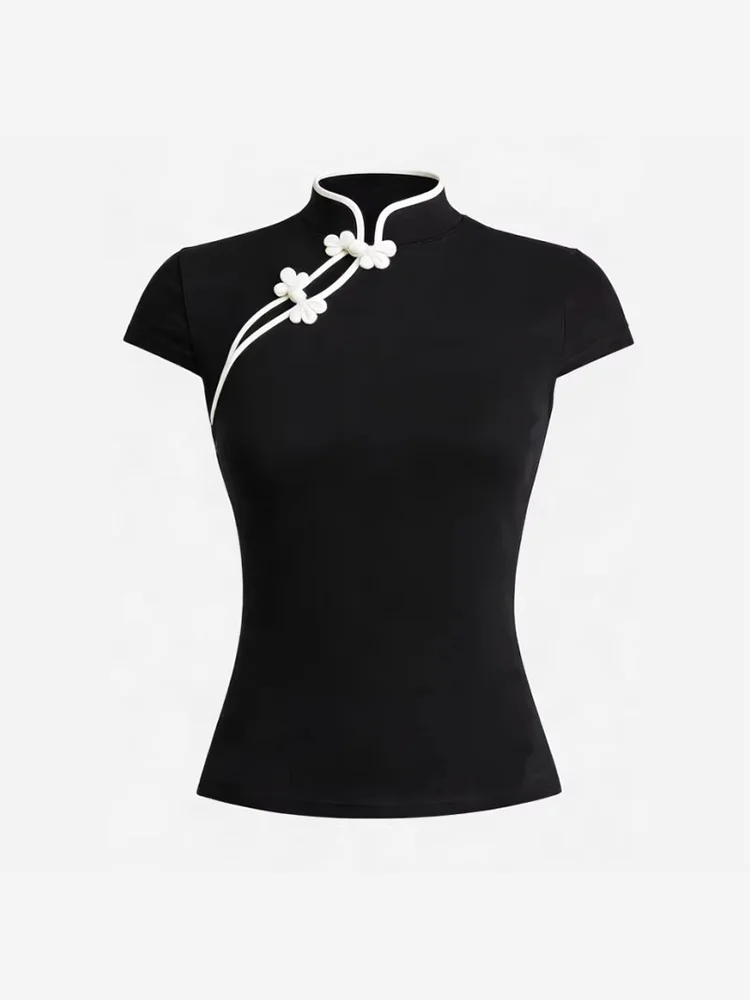 Summer Women Vintage Chinese Style Contrast Piping Mandarin Collar Frog Button Side Placket Short Sleeve Slim Fit T-shirt 2026
