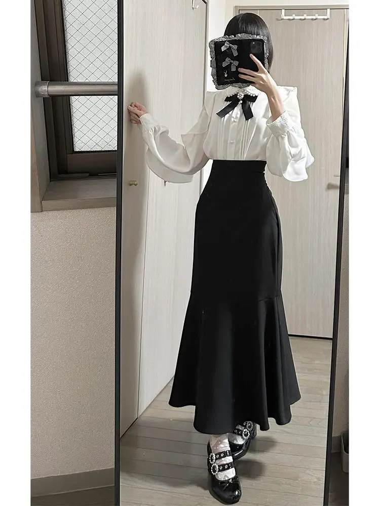 NONSAR Y2k Aesthetic Lolita Skirt Sets Women Japanese Cute Pearl Collar Lace Flying Sleeve Shirt High Waist Slim Fishtail Skirt