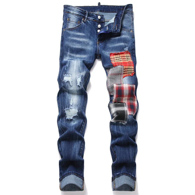 

New Fashion Men Streetwear Strench Fit Jeans Blue Ripped Denim Jeans Quality Male High Street Slim Long Jeans Trousers Size 38