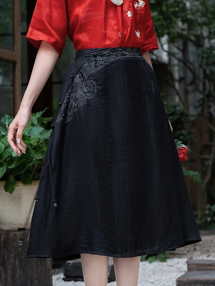 

Bla Embroidered Linen Skirt Vintage Chinese Sle Button Women's Versatile Summer Tea Ceremony Midi Skirt A-Line Skirt