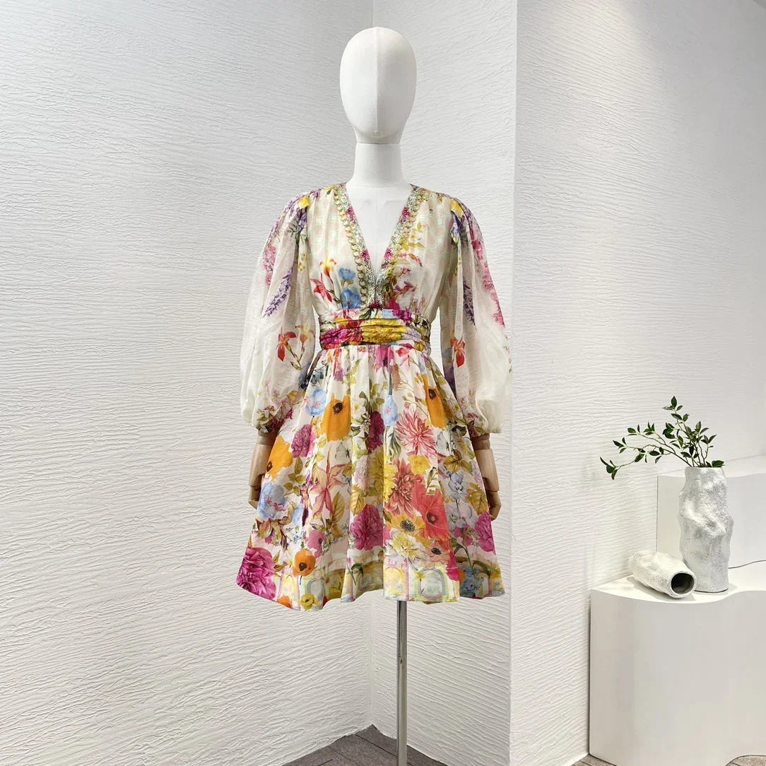 Mulheres de manga comprida decote em V com estampa floral mini vestido, elástico de linho, multicolor, diamantes pressionados, shirred, alta qualidade, novo