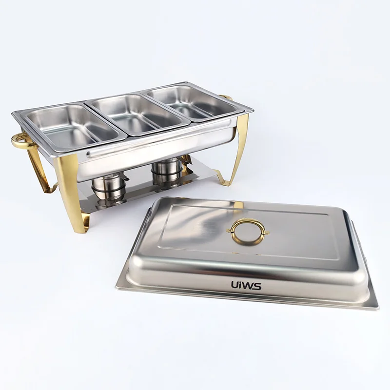 Hotel restaurant gold stainless steel buffet food warmer high capacity buffet stove chafing dish