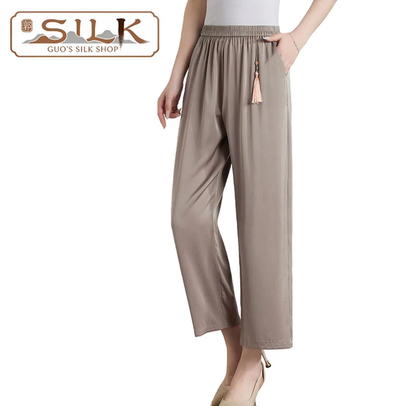 

Женские брюки из натурального шелка (9 предметов) - Простые и элегантные прямые брюки для весны и лета, комфортные и прохладные, в повседневном стиле