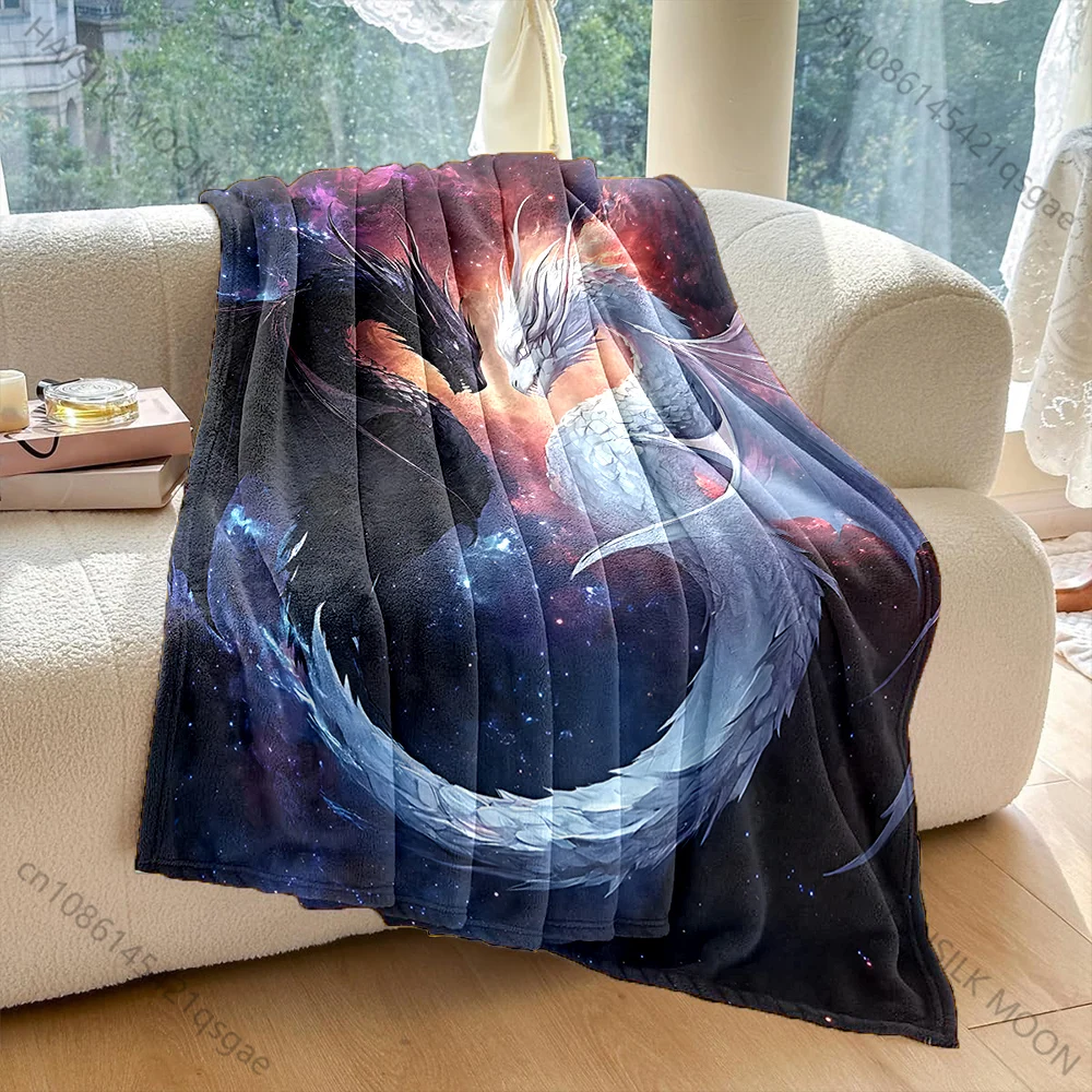 Black white dragons facing cosmic vortex Print Blanket Warm Soft Fluffy Kids and Adult Sofa Bed Throw Outdoor Travel Camping RV
