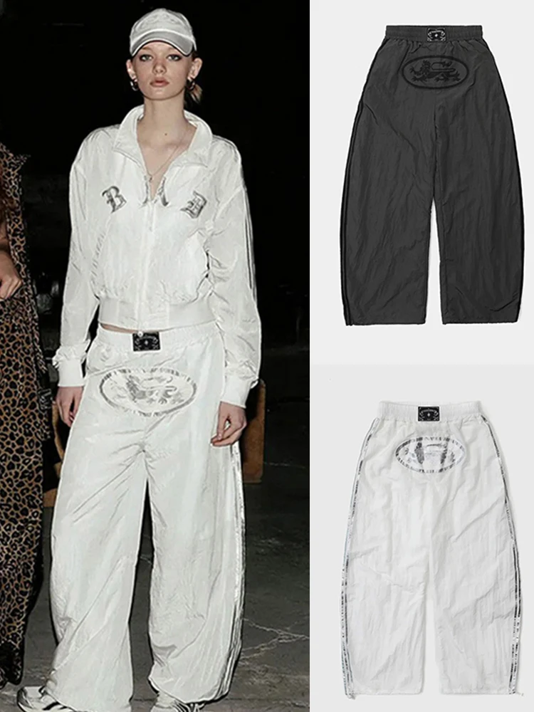 

Ретро-спортивные брюки в американском стиле, белые, женские, свободные, повседневные, прямого кроя, модные длинные брюки, удобные, с завышенной талией