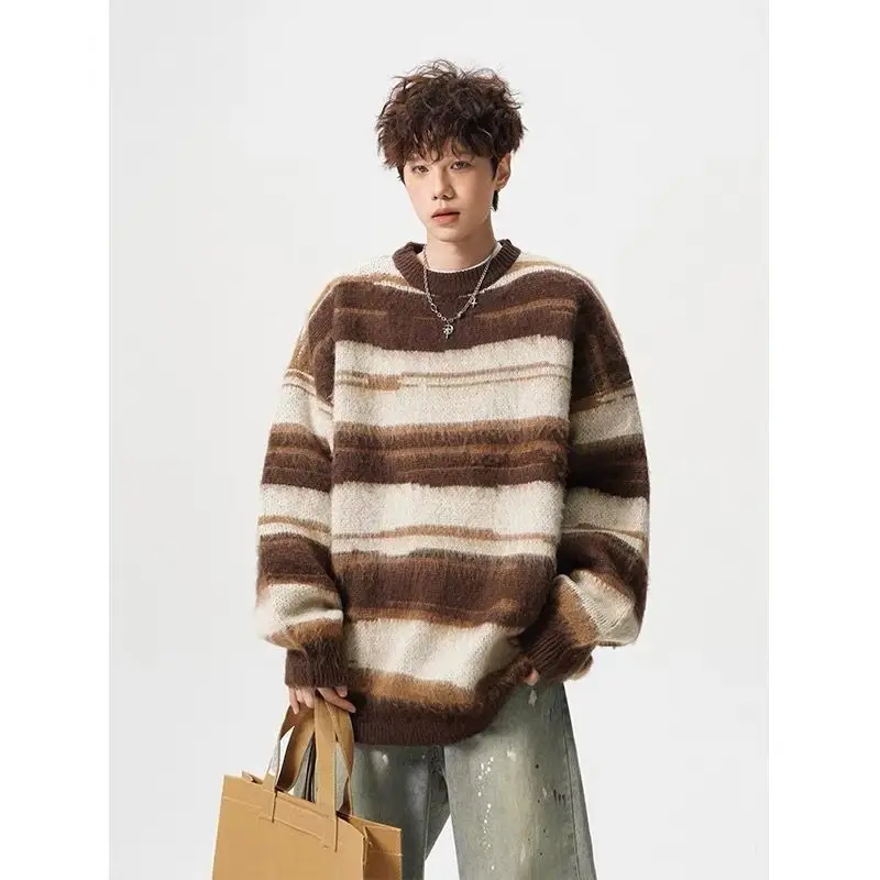 

Корейский полосатый вязаный свитер, повседневная толстовка большого размера с капюшоном, теплый топ для молодежи, осенний сезон, полиэфирное волокно