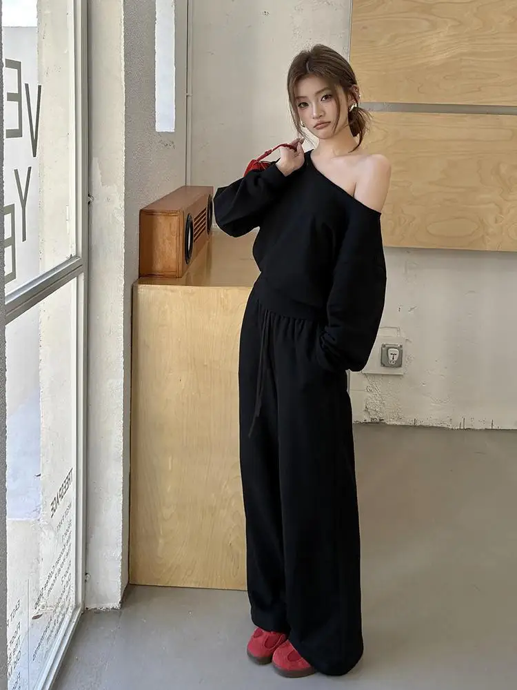 

Осенние женские черные, серые свободные широкие брюки на шнуровке и топы с длинными рукавами и открытыми плечами, 2025 г., повседневный трендовый комплект из двух предметов