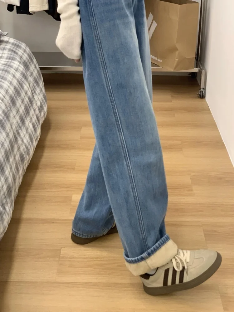 بنطال جينز ريترو Fce واسع الساق للنساء على شكل كمثرى مقاس كبير بخصر عالٍ للتخسيس وفضفاض مستقيم بطول الأرض