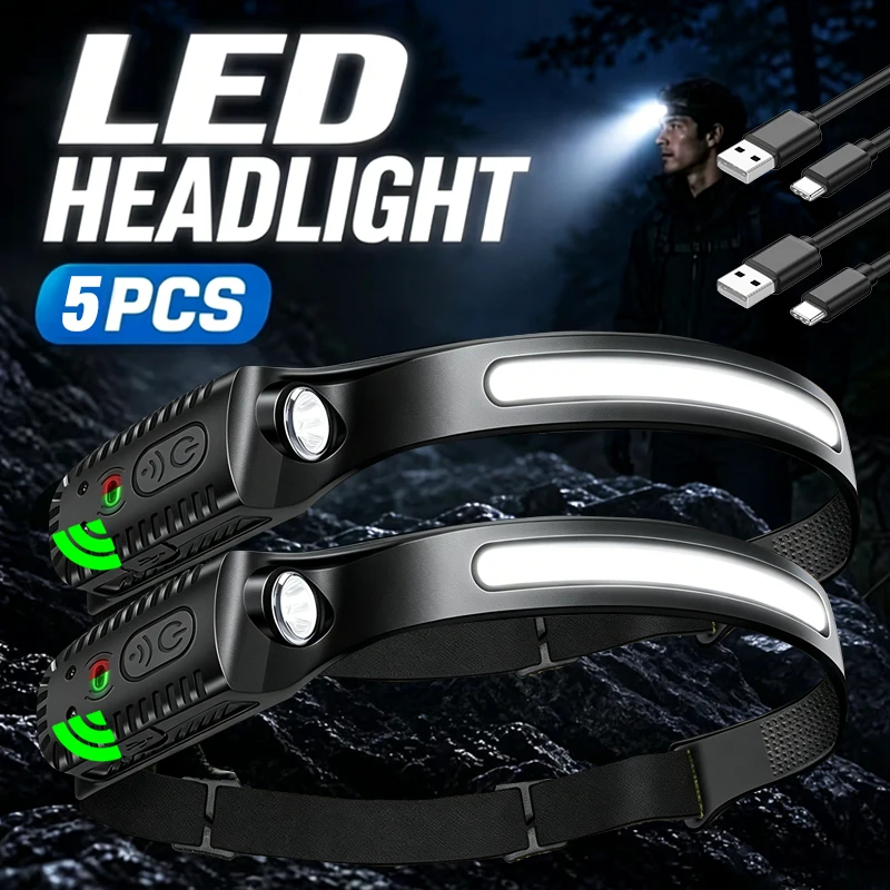 XPE+COB Induction Headlamp USB Rechargeable Lamp LED Sensor Flashlight Torch Camping Waterproof Headlight for Fishing Lantern