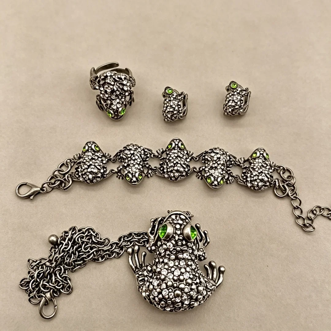 Retro Frog Set Copper Plating Retro Silver Necklace Earrings Bracelet Ring Set 0070 view 3