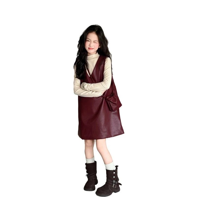 

2026 Girls Sleeveless Dress Set, Big Kids High Neck Top & Leather Skirt Korean Fashion Outfit New Arrival