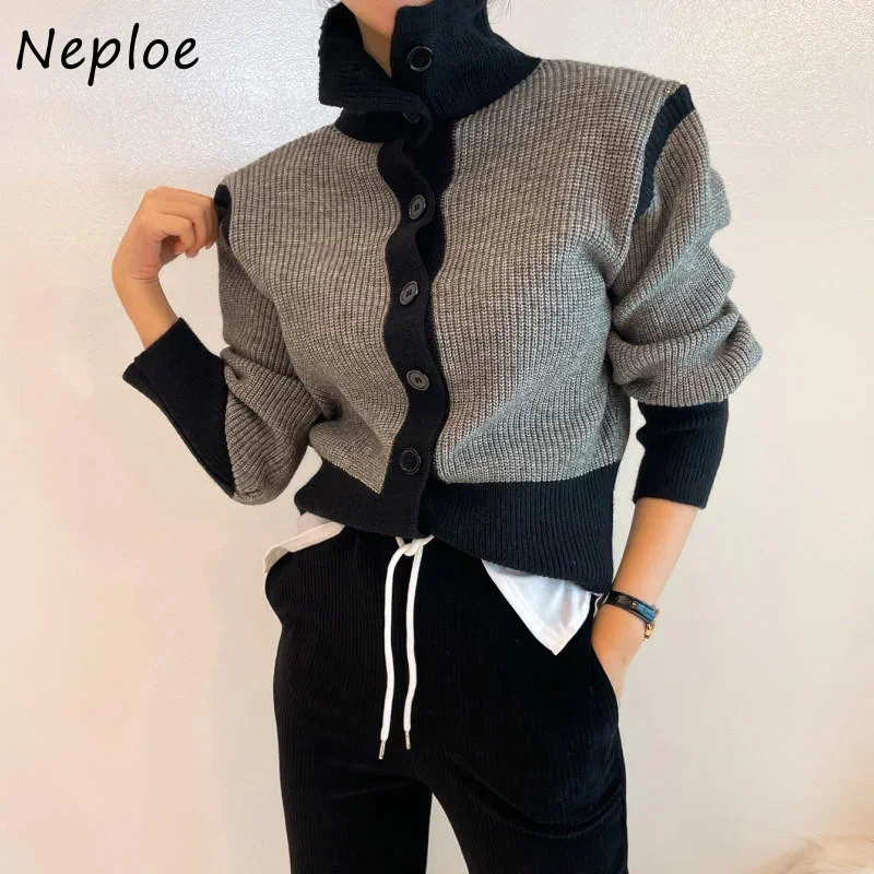 Neploe Turtleneck Contrast Color Patchwork Outerwear Single-breasted Slim Sweater Women Autumn Winter Cardigan Korea Style