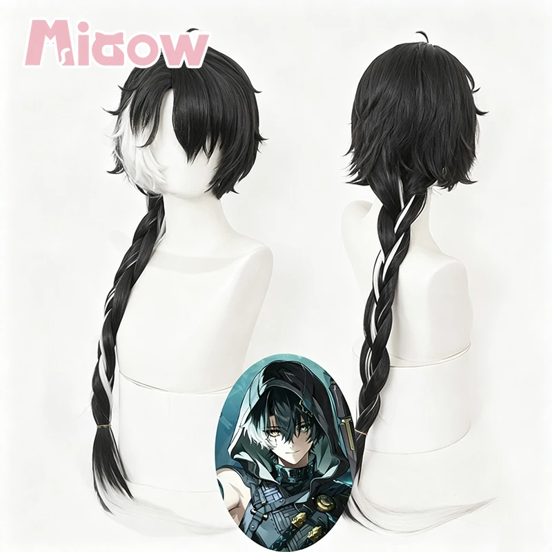 Wuthering Waves Jingran Cosplay Wig, Black & White Two Tone Braided Long Wig with Obscuring Bangs & Ahoge Hair for Halloween