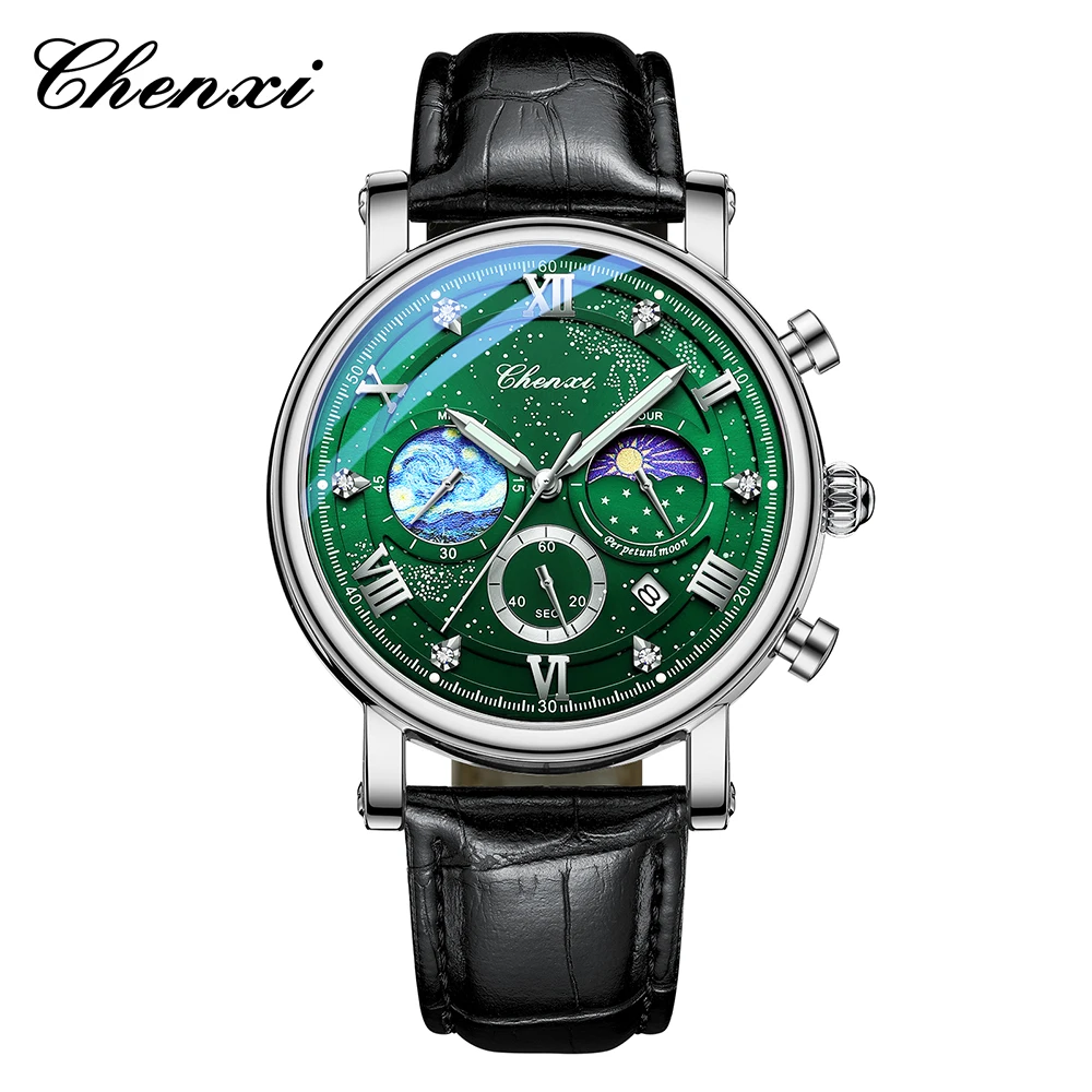 

CHENXI Многофункциональные модные мужские часы Светящийся хронограф с фазой Луны Мужские наручные часы Календарь Кварцевые часы для мужчин