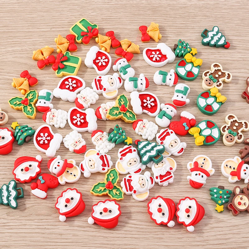 Tusember 10 Stück Niedliche Weihnachts-Dekorationen: Weihnachtsmann, Elch, Schneemann, Flache Harz-Cabochons für DIY Scrapbooking, Haarspangen und Broschen – Detail 3
