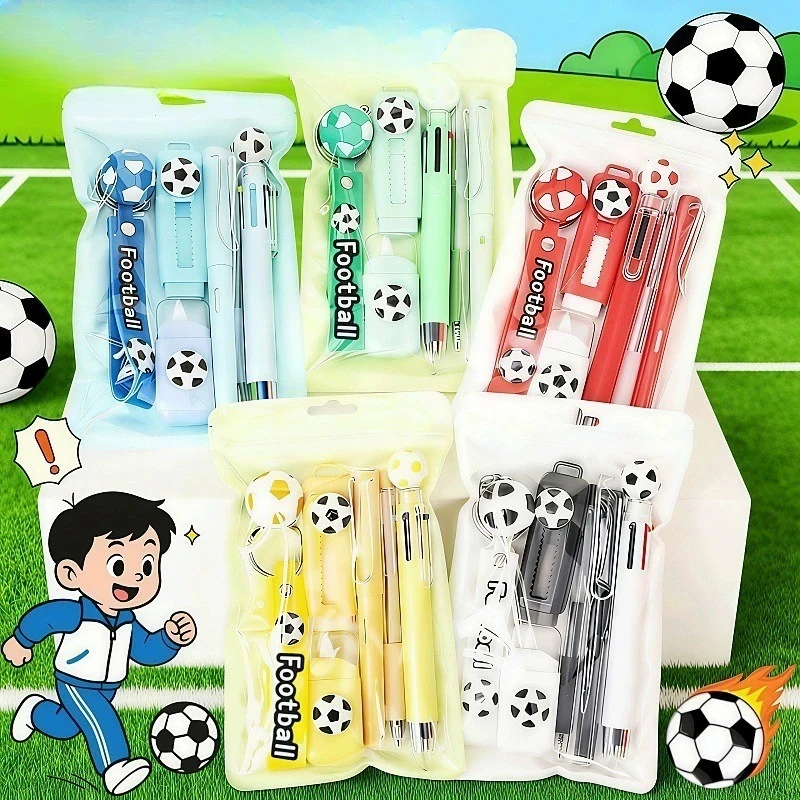 6pcs Football Theme Stationery Set 6-Color Pen Gel Pen Pencil Eraser Correction Tape & Keychain Kawaii Sports Gifts for Boys