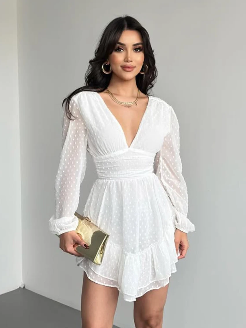 Marthaqiqi White Elegant Women Nightwear Long Sleeve Sleepwear V-Neck Pajamas Lace Up Pyjamas Mini Dress Casual Ladies Nightgown