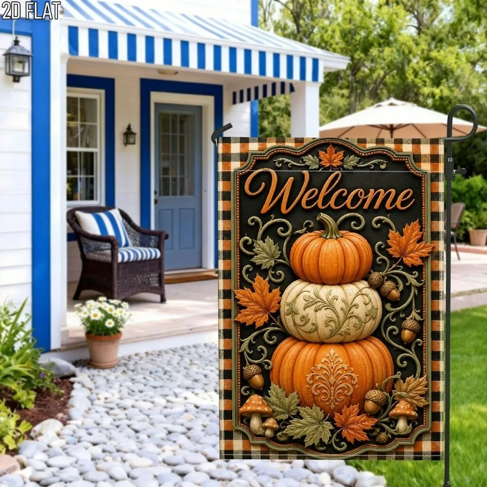 Double Sided Halloween Fall Pumpkin Garden Flag Linen Chick or Treat Autumn Ghost Yard Flag Vintage Witch Hat