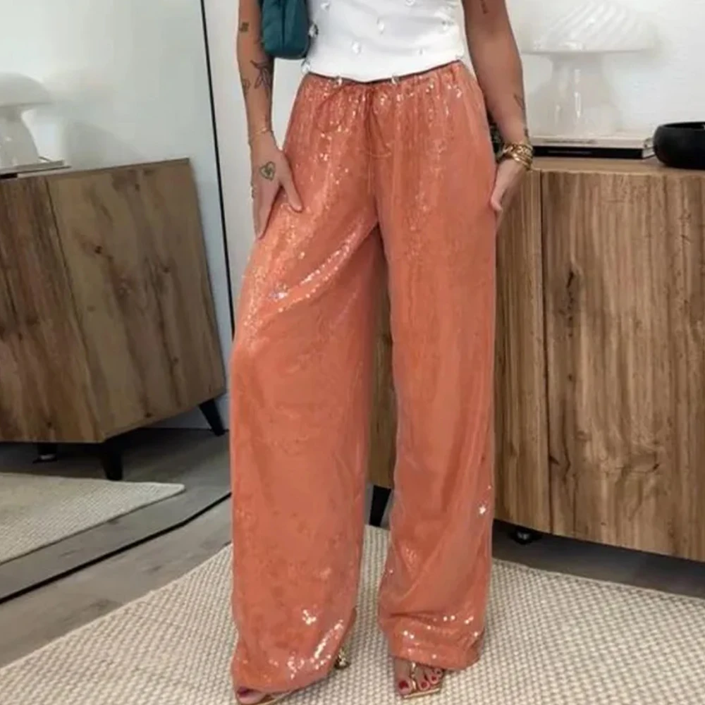 Women y2k Vintage Street Sequins Drawstring Pants Elastic Low Waist Wide Leg Trousers Lady Shiny Pants Rave Party Club 2025