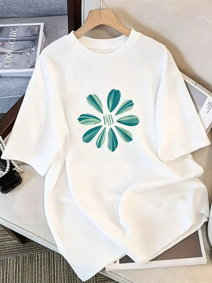 Oversized Women Teal Daisy Graphic T Shirt Short Sleeve Loose Fit Casual Summer Aesthetic Daily Wear Top