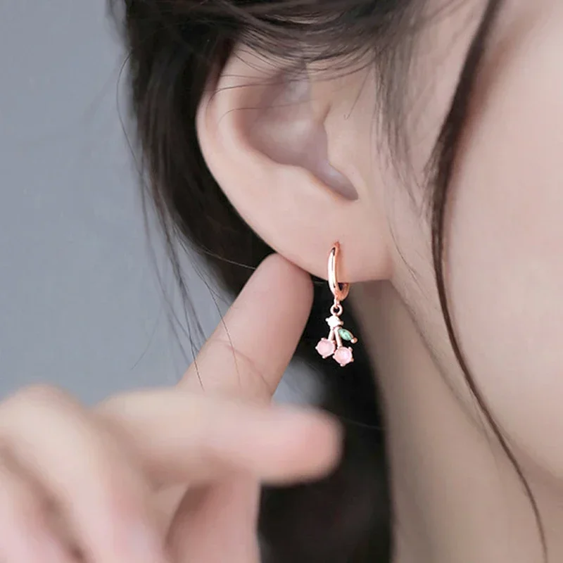 925 Sterling Silver Needle Cute Enamel Fruit Pendant Hoop Earrings for Women Strawberry/Kiwi Fruit/Pepper Gold Earrings Jewelry