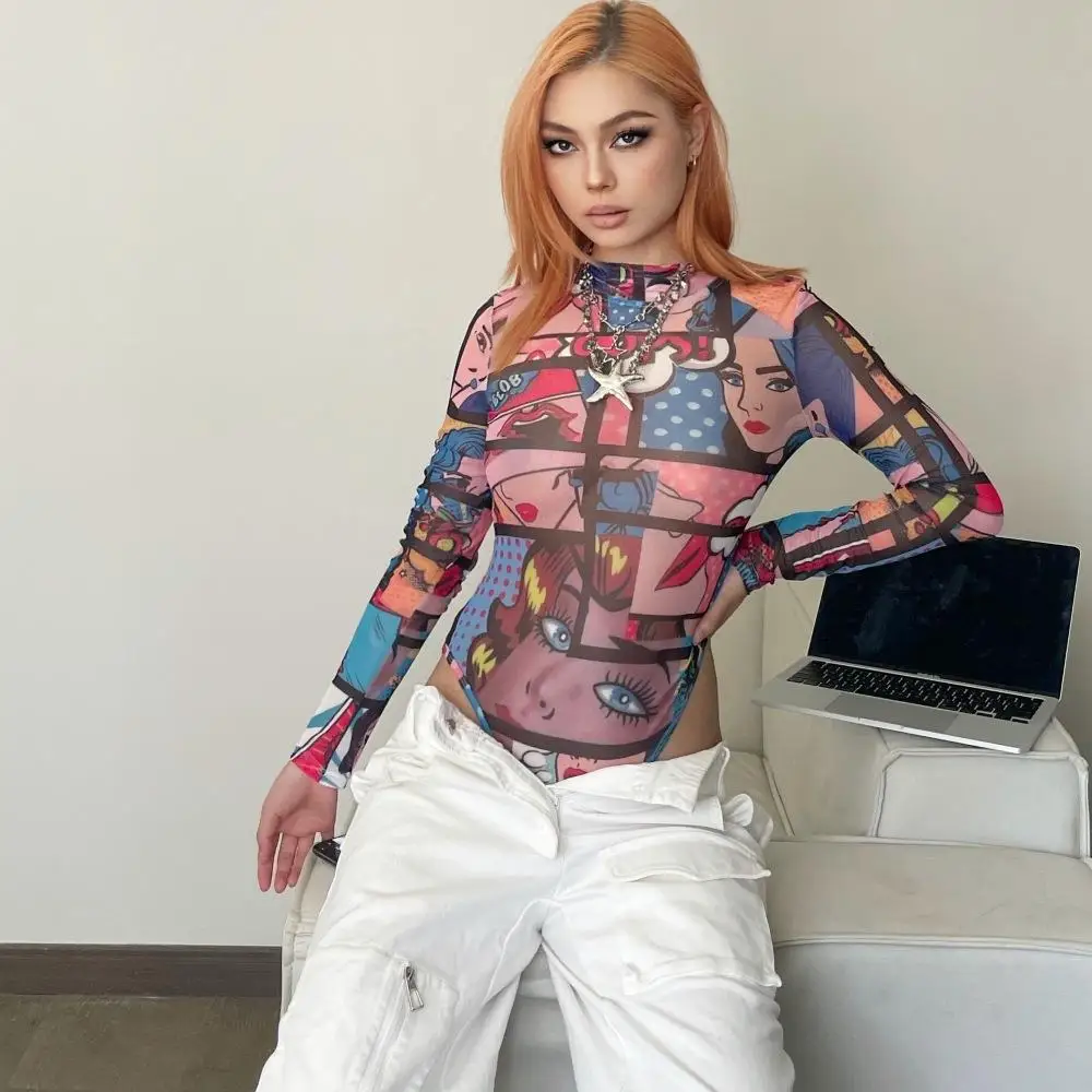 Body de Mujer con Estampado de Chica Picante de Temporada Primavera, Ajustado, Material Fino, Pantalones Largos de Cintura Media