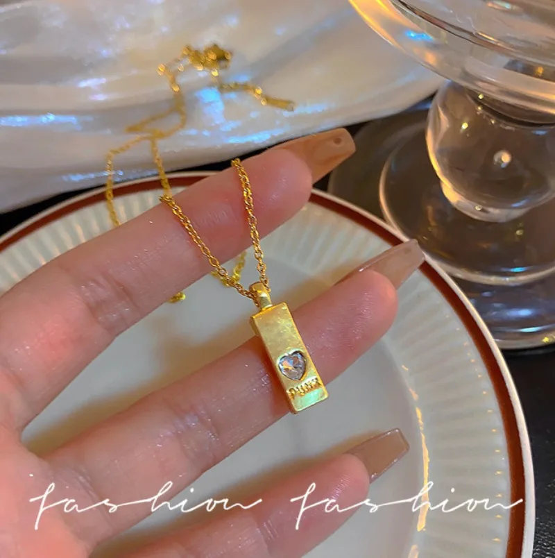 Simple Imitation Gold Bar Shape Crystal Heart Stainless Steel Chain Necklace for Women