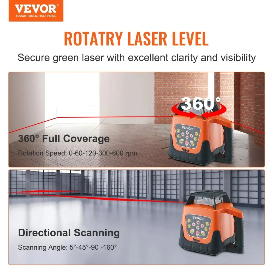 Laser Level 1650ft 360 Degree Self Leveling Red Cross Line Laser 5 Rotation Speeds and 4 Scanning Angles Adjustment IP66 Water