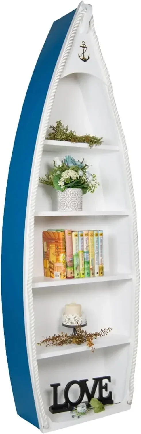 6 Foot Tall Wooden Coastal Sailboat Bookcase with Five Shelves, Nautical Room Decor, Beach Themed Solid Wood Boat