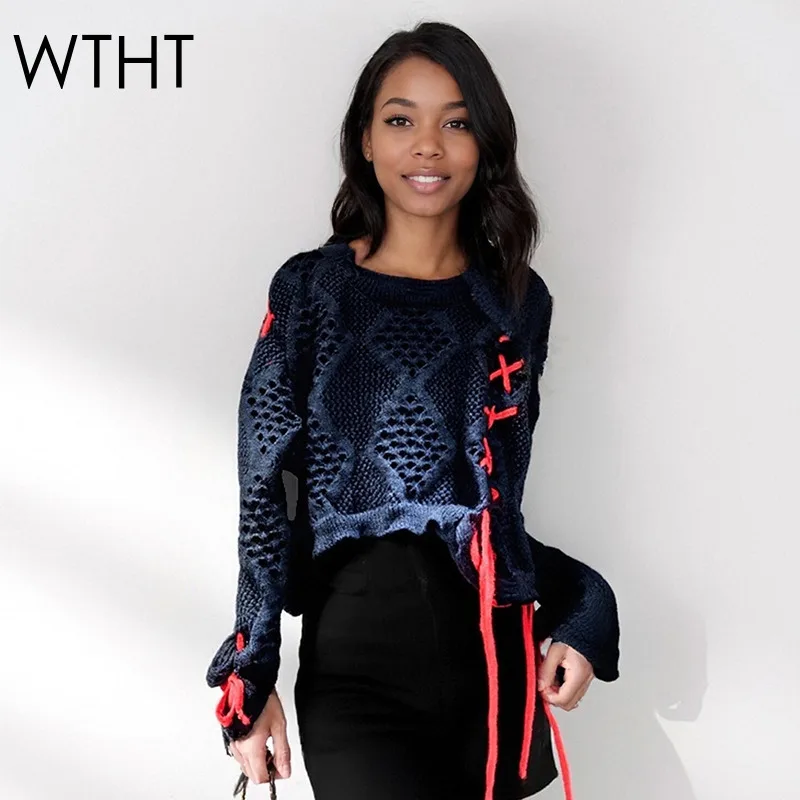 WTHT العصرية المرأة التباين اللون متماسكة الجوف خارج سترة قصيرة 2025 الخريف موضة س الرقبة طويلة الأكمام البلوفرات الإناث 1LS2584 #1